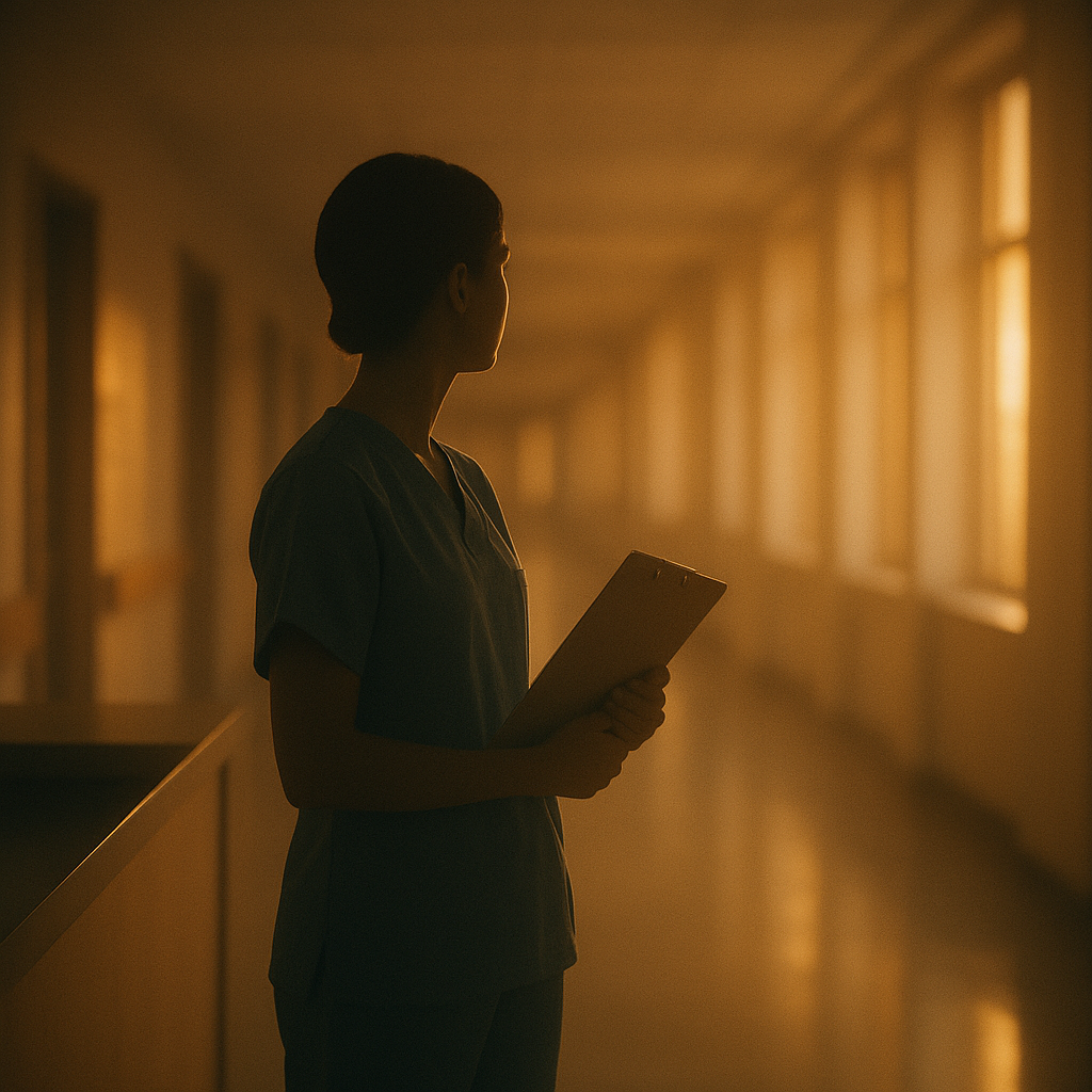 Nurse standing in hospital hallway bathed in warm natural light, symbolizing hope and career renewal