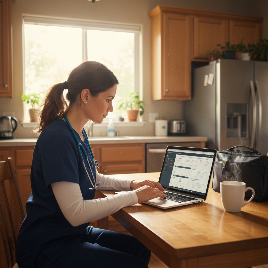 Home health RN completing OASIS-E documentation on laptop at patient's kitchen table during visit