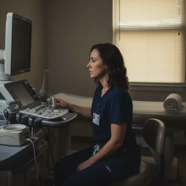 Sonographer reflecting quietly at ultrasound workstation after difficult scan