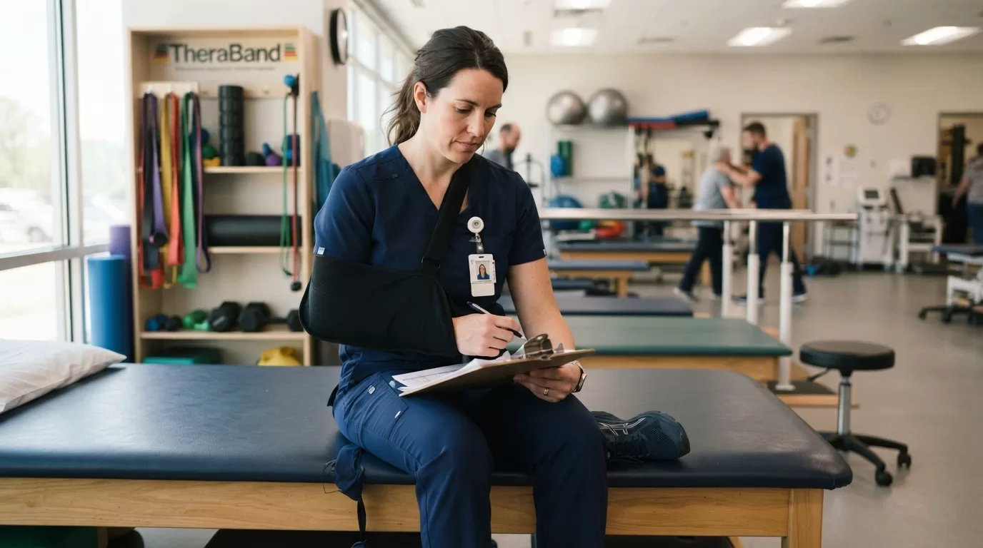 Occupational therapist in sling sitting in rehab gym holding clipboard