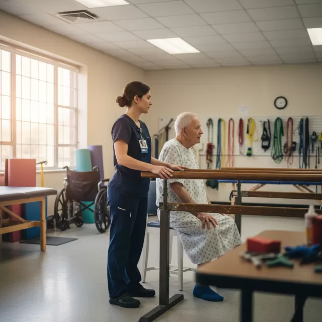 Occupational therapist supporting elderly patient during parallel bar training in hospital rehab gym