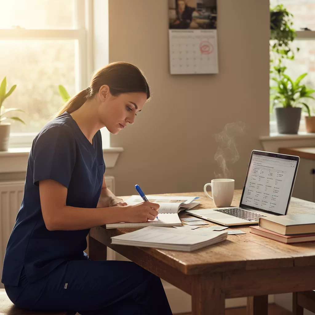 Nurse studying certification exam materials at home with laptop and coffee