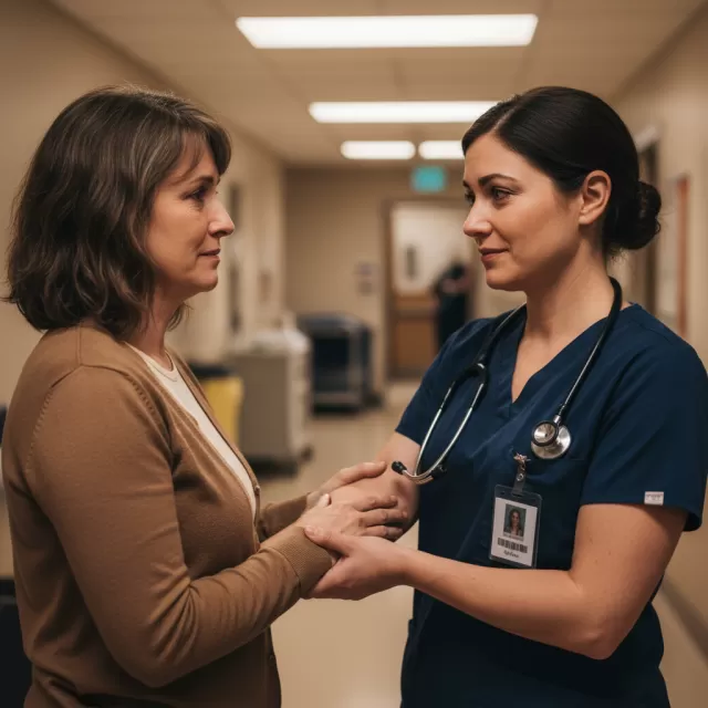Nurse accepting gratitude from patient family member in hospital hallway