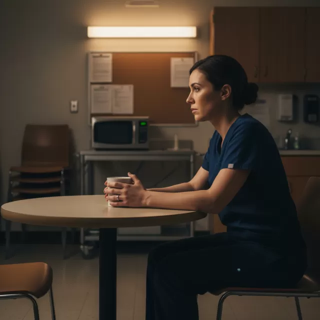 Nurse in scrubs sitting quietly in hospital break room with coffee during night shift
