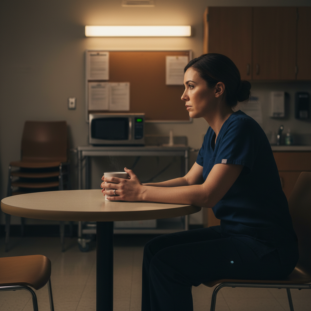 Nurse in scrubs sitting quietly in hospital break room with coffee during night shift