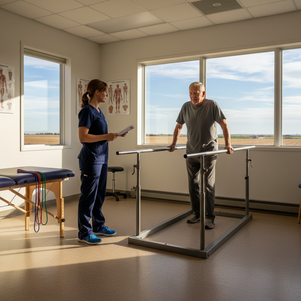 Physical therapist guiding patient through gait training in small rural clinic treatment room