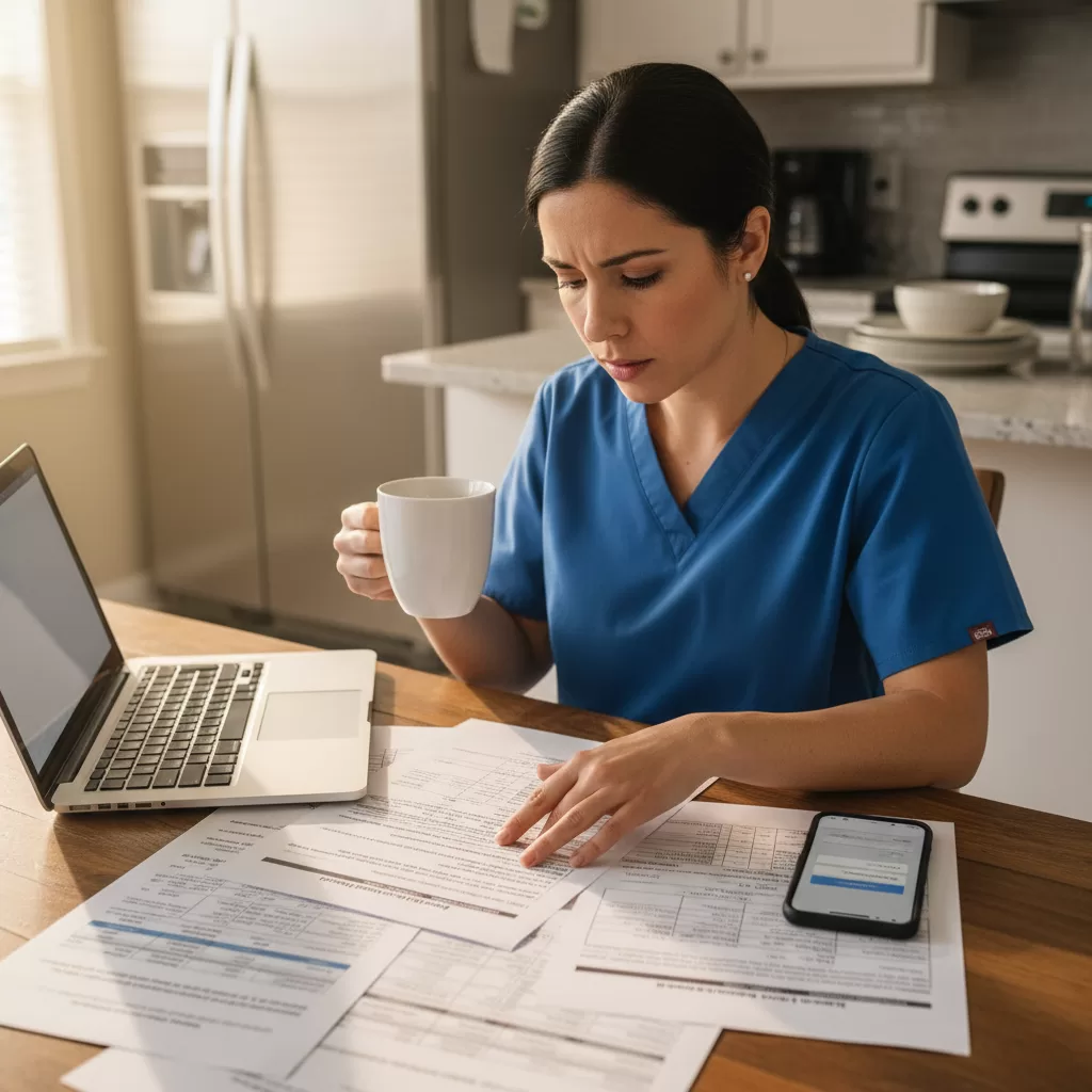 Healthcare worker reviewing benefits enrollment documents at home with laptop and printed forms