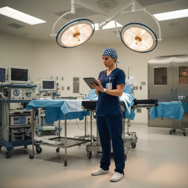 OR travel nurse reviewing contract details in operating room between surgical cases
