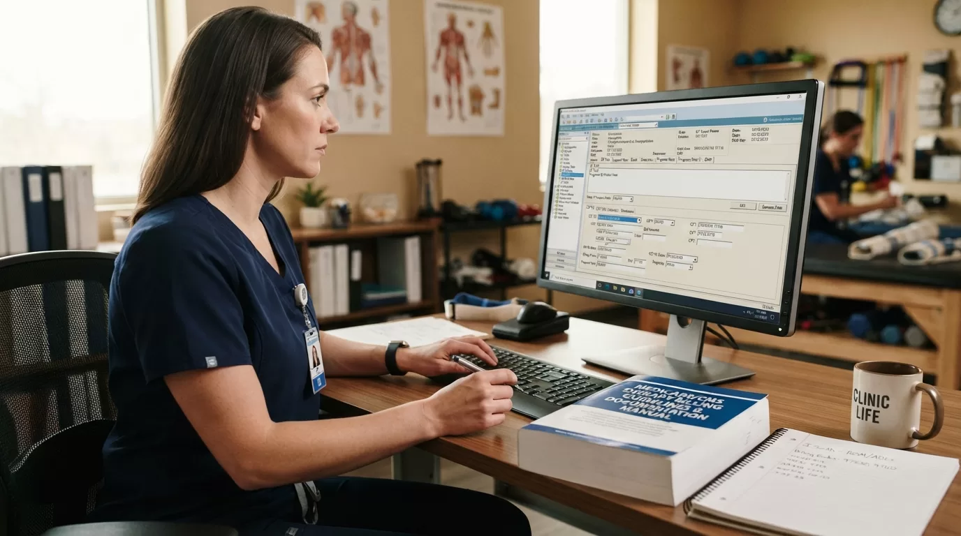 Occupational therapist reviewing Medicare Part B documentation and billing codes at clinical workspace