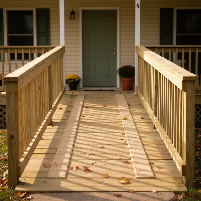 Empty wooden wheelchair ramp leading to a quiet home front porch in afternoon light