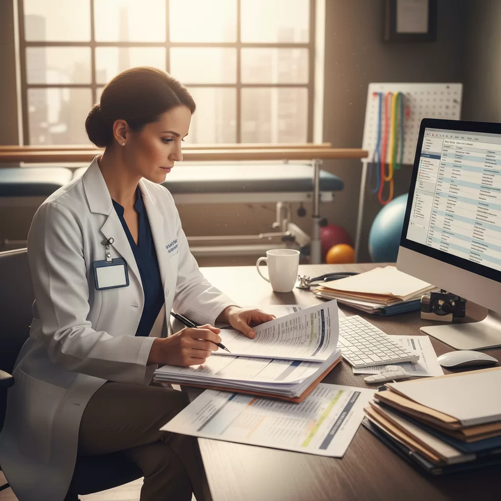 Occupational therapist reviewing CMS billing documents and reimbursement paperwork at clinic desk