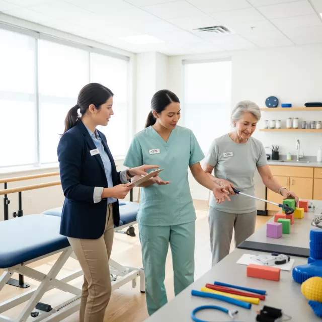 Occupational therapist and COTA working together with patient in modern therapy clinic