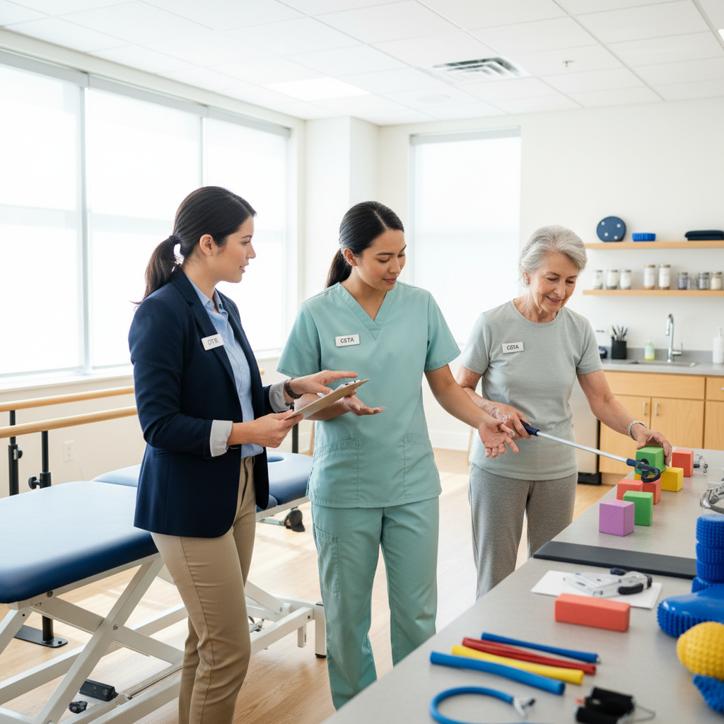 Occupational therapist and COTA working together with patient in modern therapy clinic