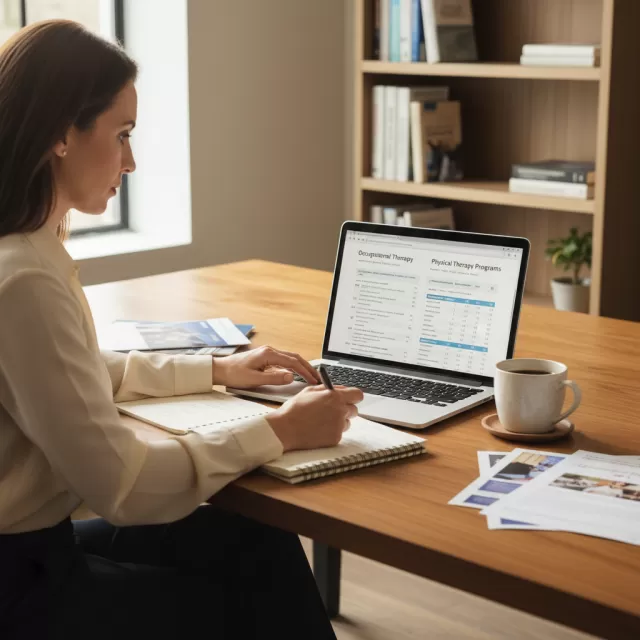 Career switcher researching occupational therapy versus physical therapy programs at home office desk