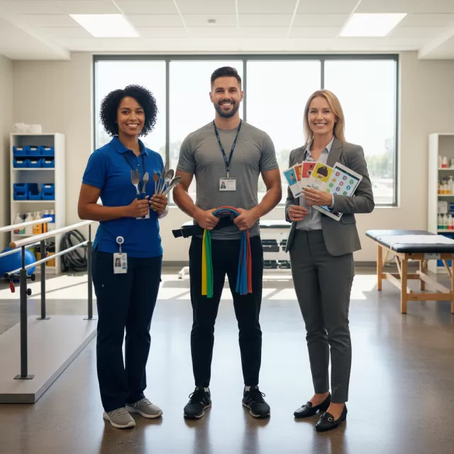 Three allied health professionals representing OT, PT, and SLP careers standing together in hospital rehab gym