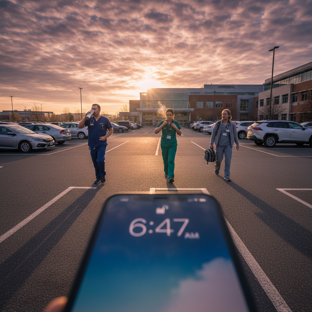 Healthcare workers walking through hospital parking lot at sunrise with coffee before morning shift