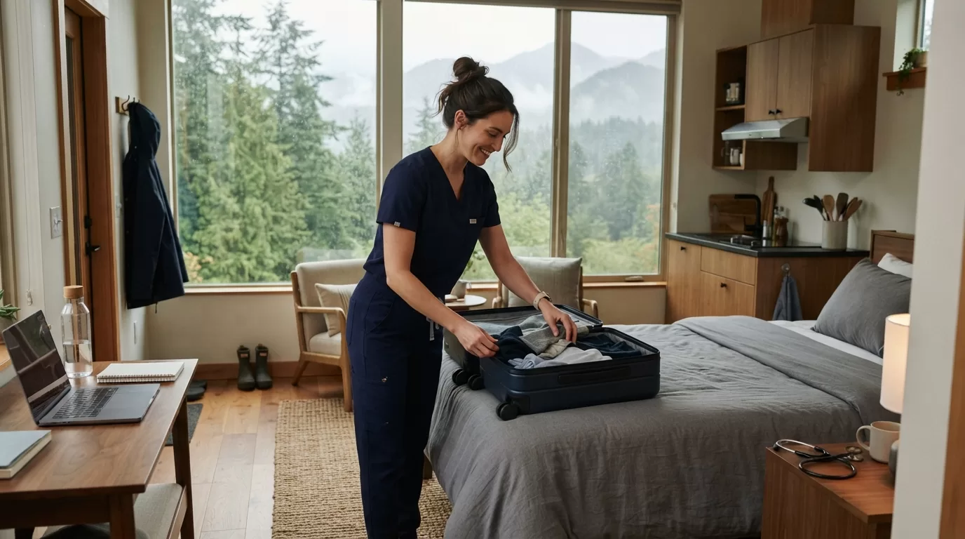 Travel nurse settling into apartment with Pacific Northwest mountain forest view