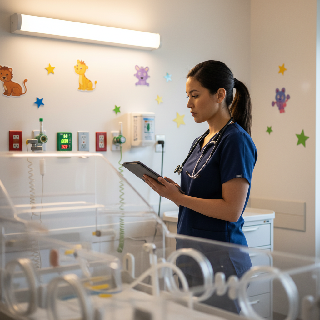 Pediatric nurse reviewing patient chart near infant isolette preparing for RSV season surge