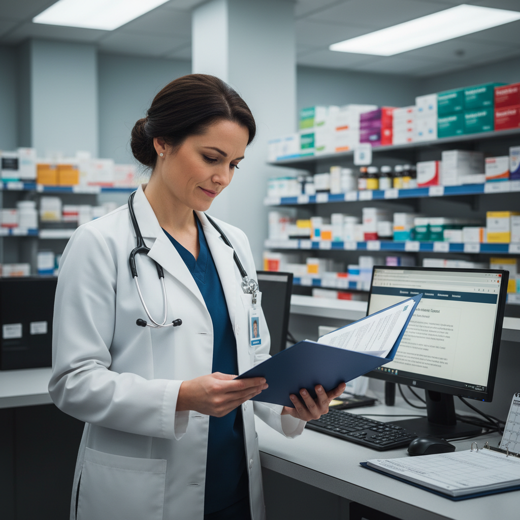 Pharmacy technician reviewing certification renewal documents at hospital pharmacy workstation