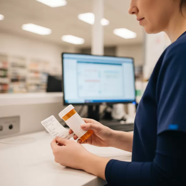 Pharmacy technician carefully verifying medication label against prescription at hospital pharmacy counter