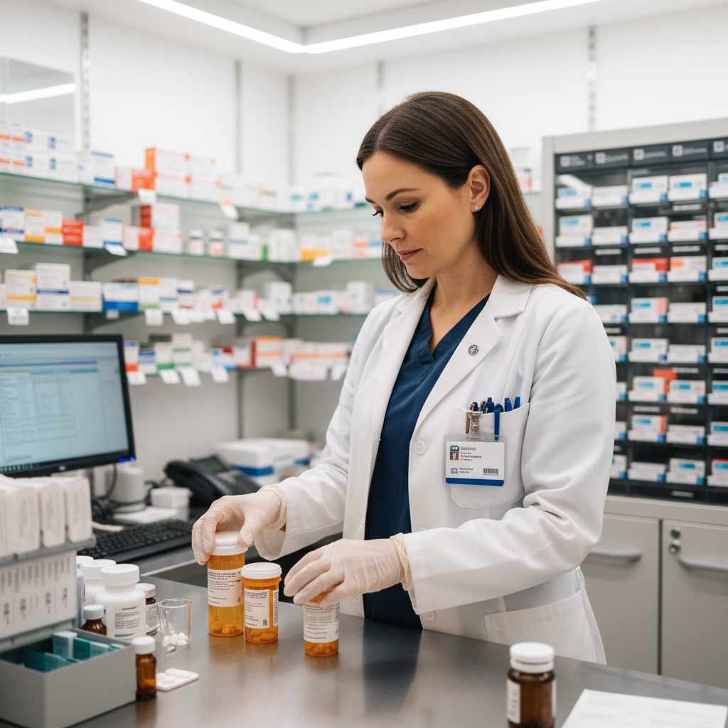 Pharmacy technician in scrubs reviewing medications at hospital pharmacy workstation