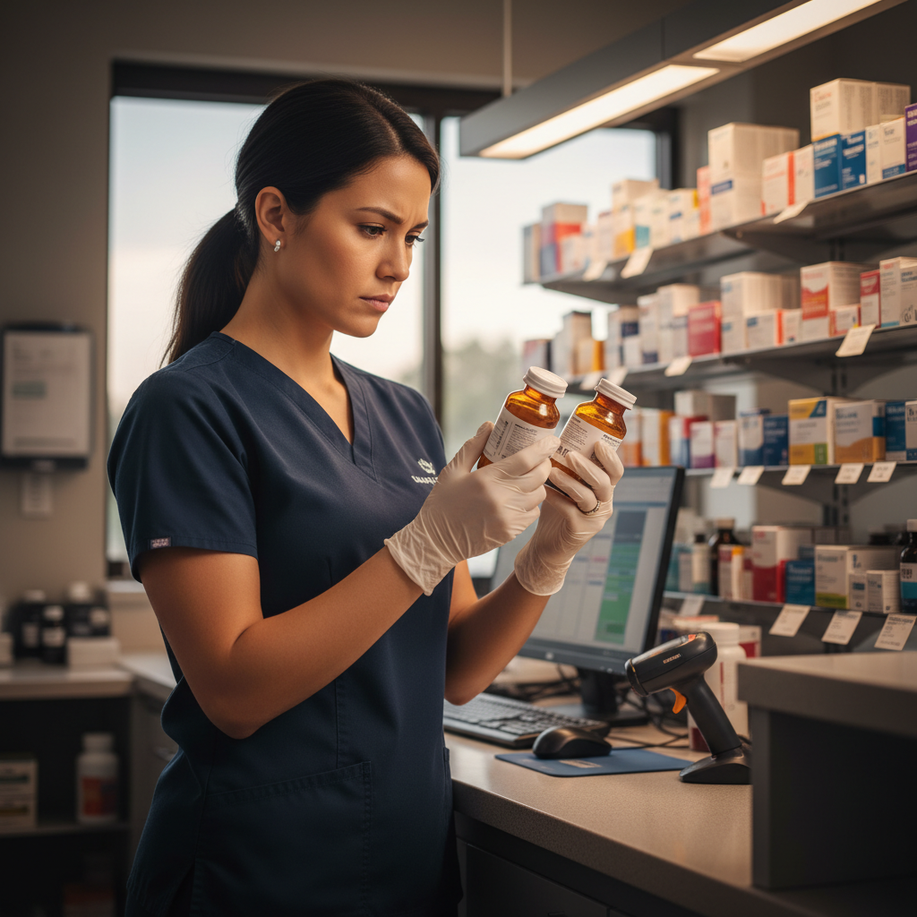 Pharmacy technician carefully comparing medication labels at hospital pharmacy counter
