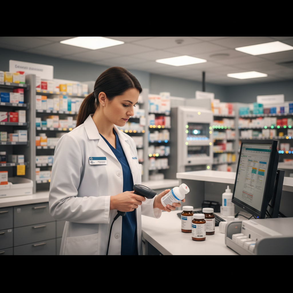 Pharmacy technician working at hospital pharmacy counter with medication inventory system