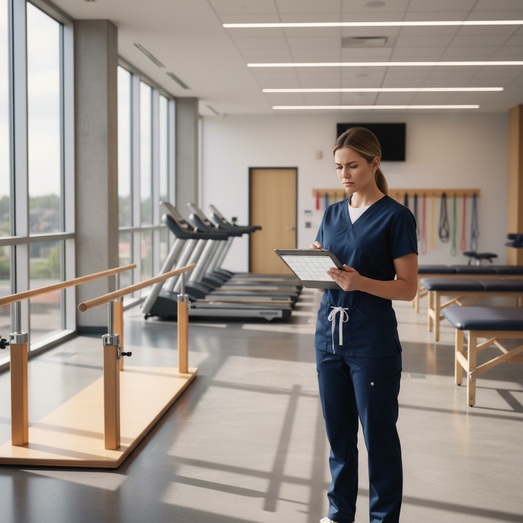 Physical therapist reviewing schedule options in hospital rehab gym