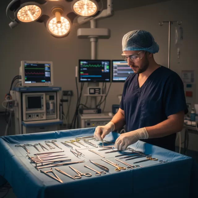 Surgical technologist organizing instruments on sterile back table in modern operating room