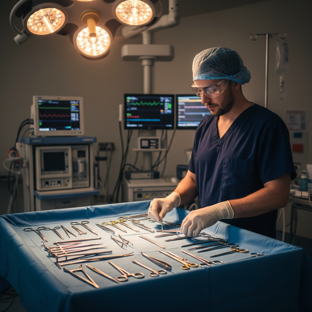 Surgical technologist organizing instruments on sterile back table in modern operating room