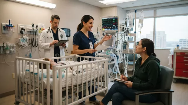 PICU nurse communicating with family and physician during bedside rounds in pediatric critical care unit