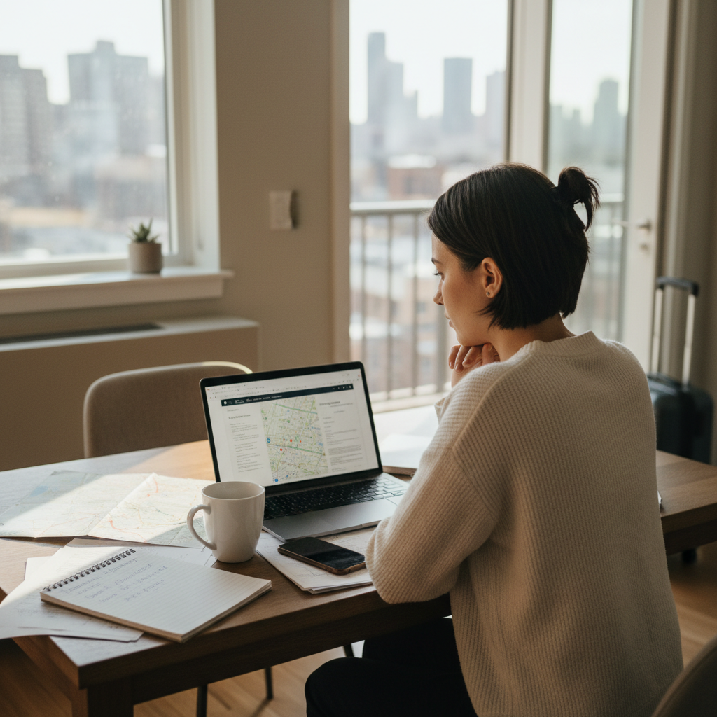 Travel nurse planning six-city contract schedule at apartment table with laptop and maps