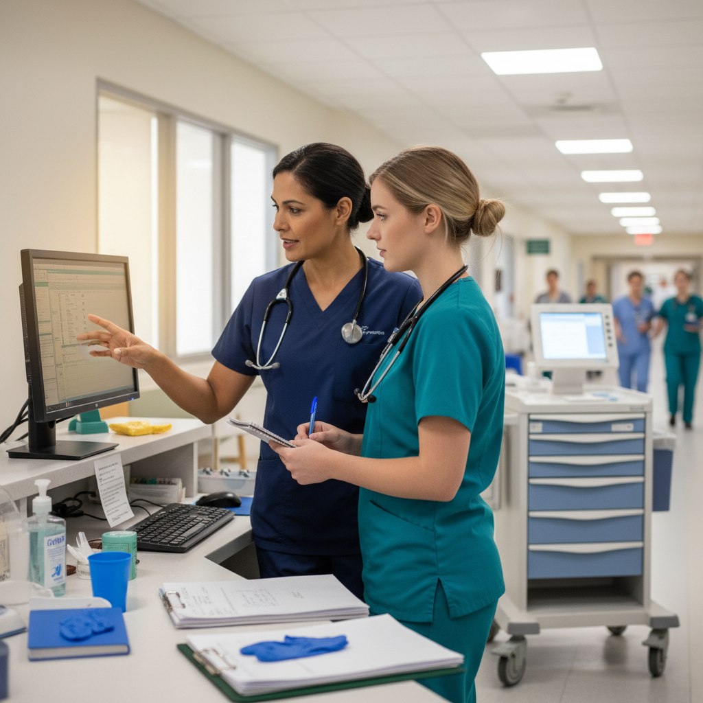 Experienced nurse preceptor teaching new graduate nurse at hospital computer station