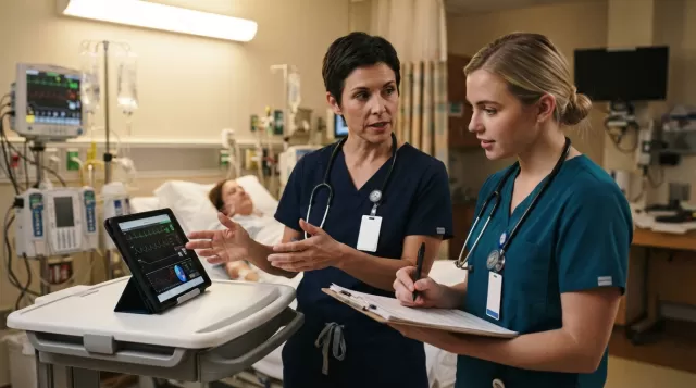 Experienced nurse preceptor teaching new graduate RN at hospital bedside