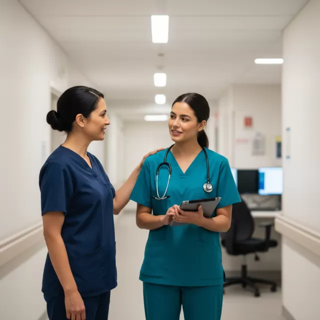 Experienced nurse preceptor mentoring a new graduate nurse in hospital hallway
