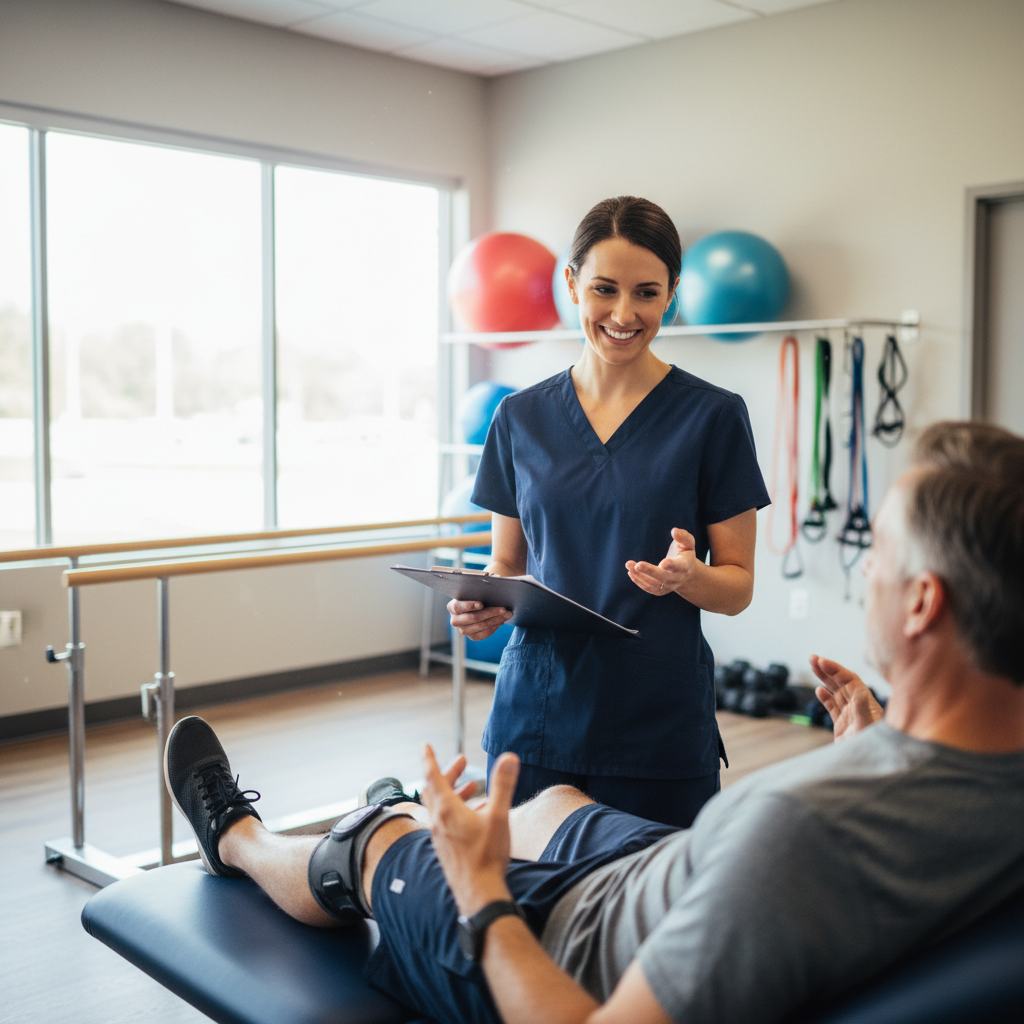 Physical therapist smiling while talking with patient in outpatient therapy gym