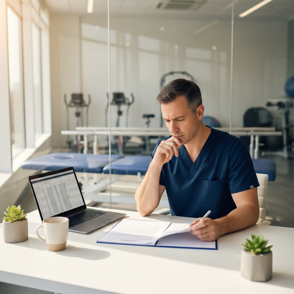 Physical therapist reviewing contract documents at clinic office desk before signing