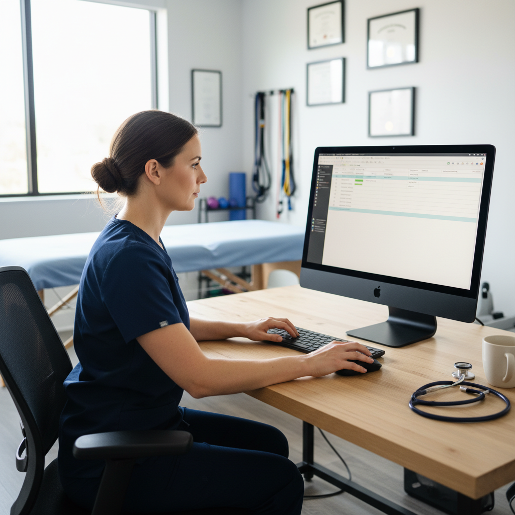 Physical therapist documenting patient notes on computer in modern clinic setting