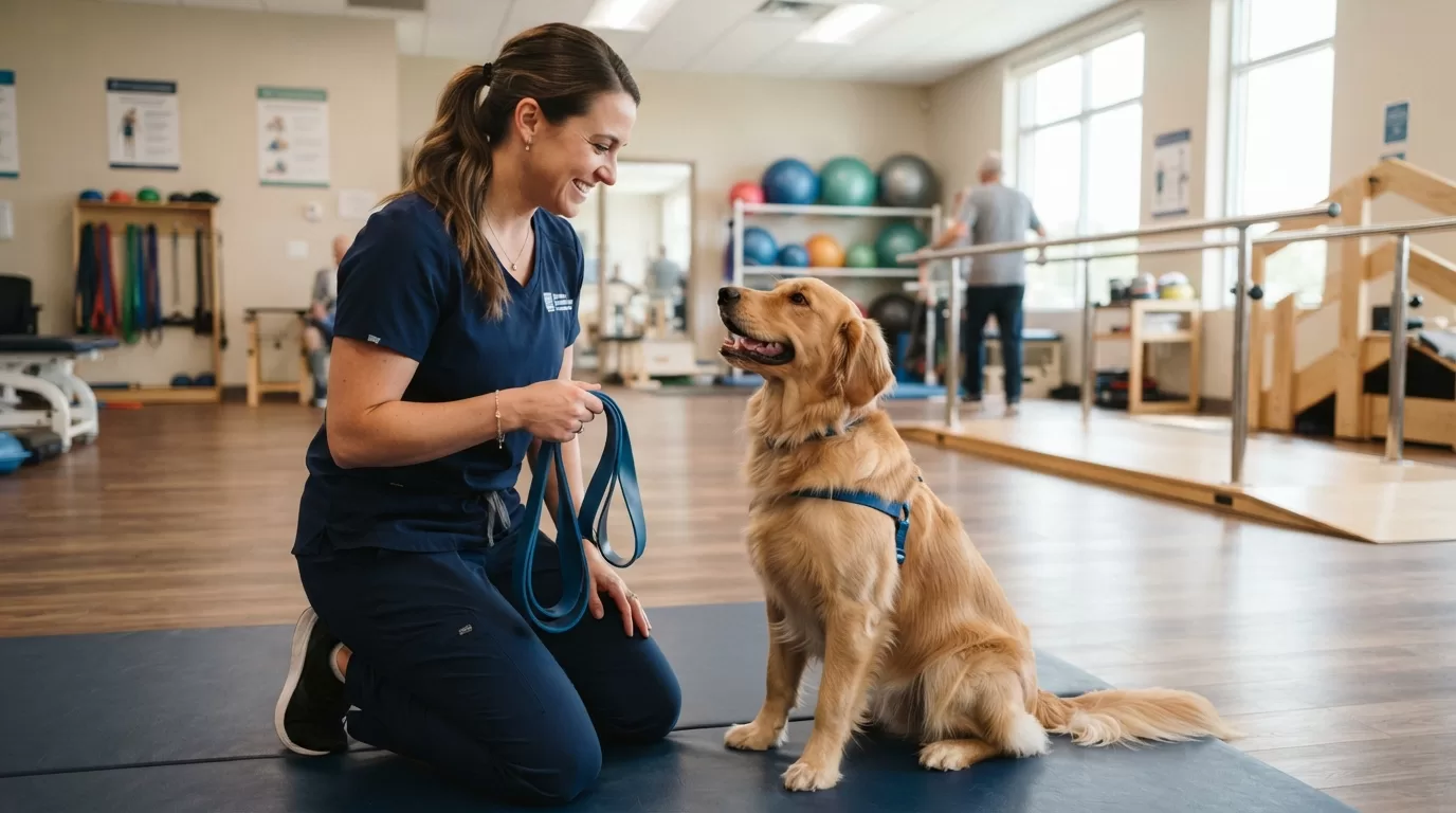 Physical therapist with golden retriever in outpatient clinic gym