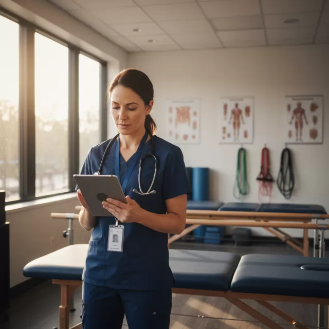 Physical therapist reviewing patient schedule on tablet in outpatient orthopedic clinic treatment room