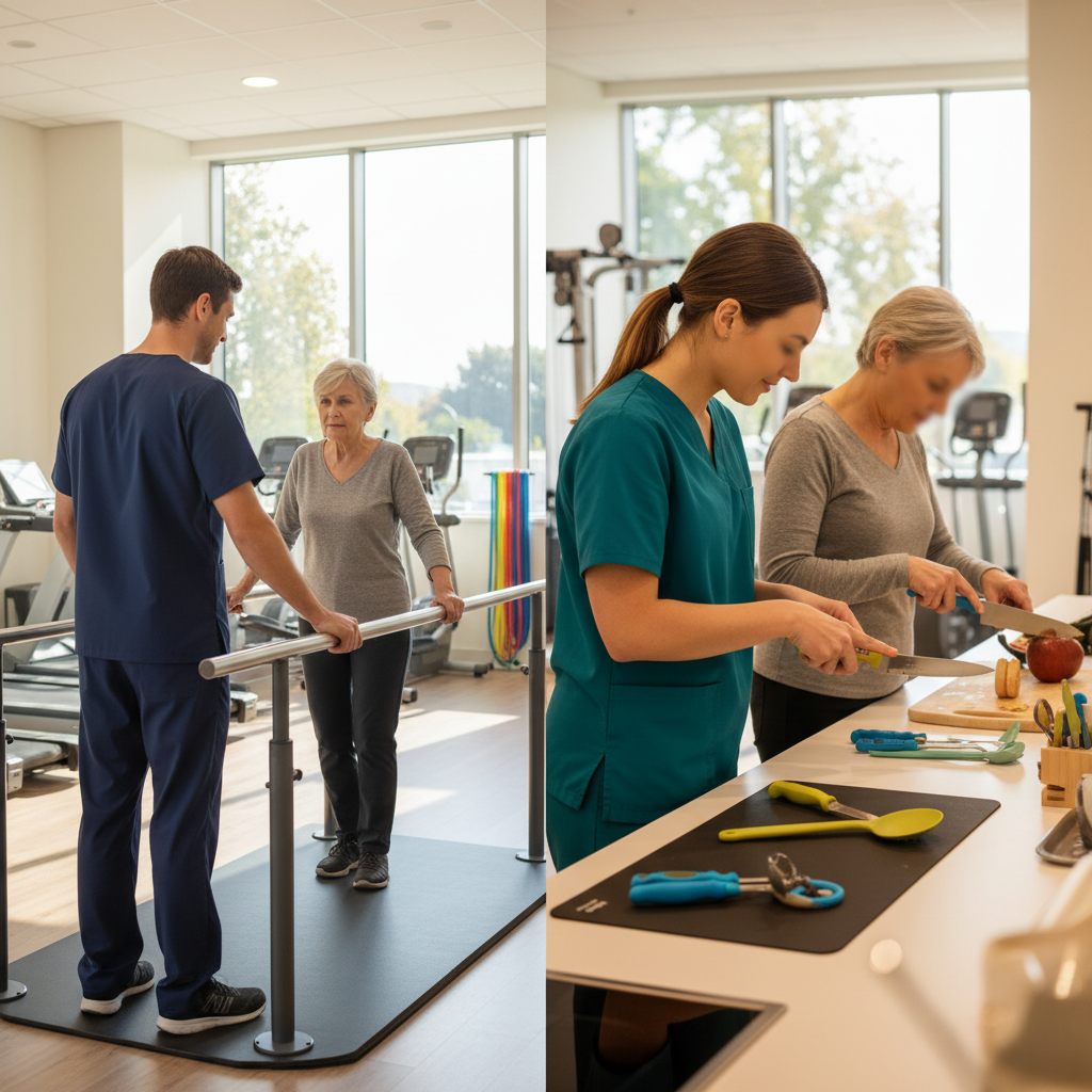 Physical therapist and occupational therapist working with patients in clinical rehabilitation settings