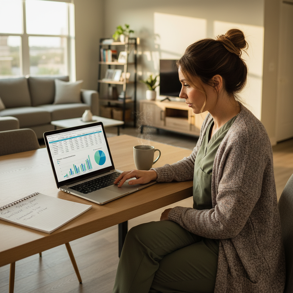 Nurse reviewing healthcare salary data on laptop in apartment