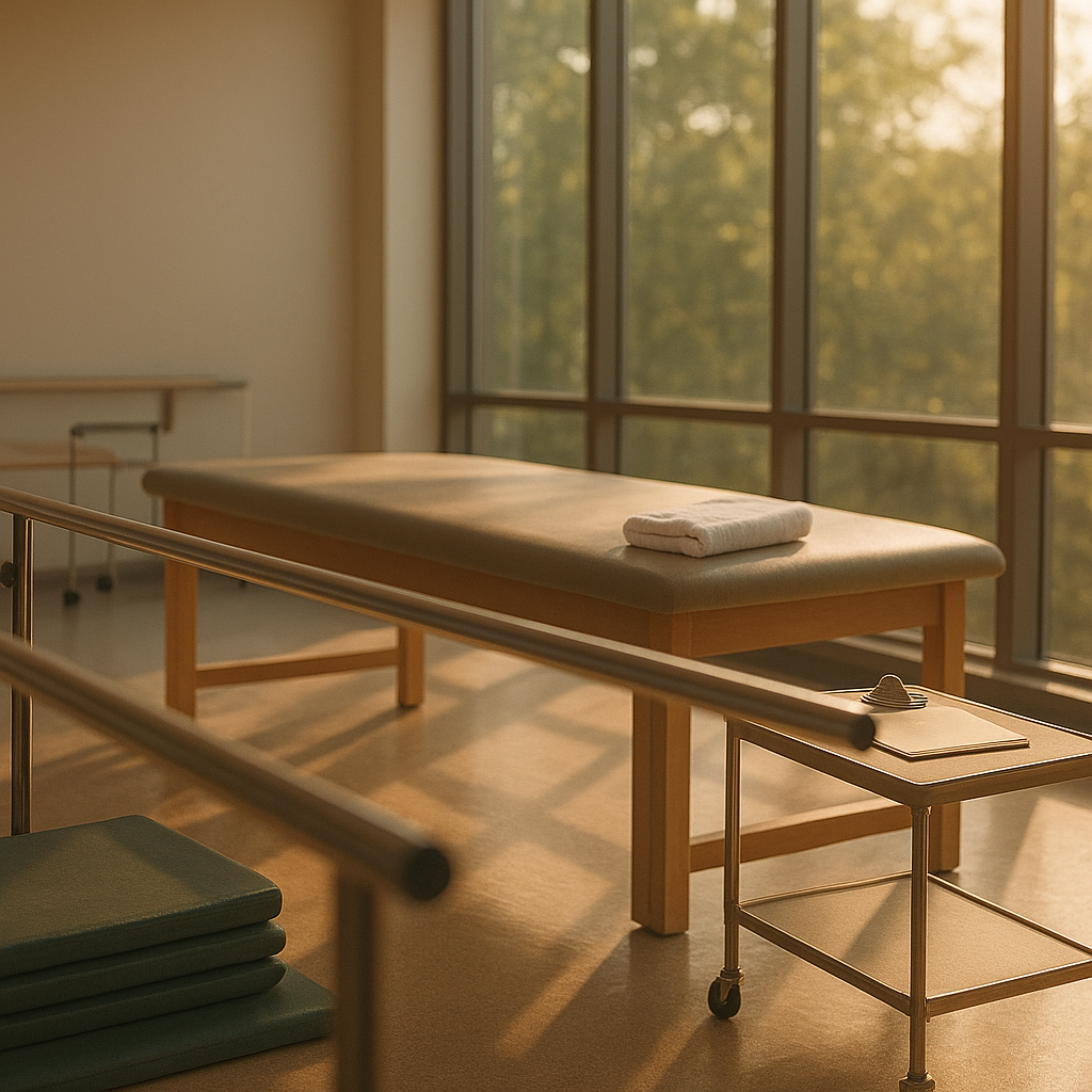 Sunlit physical therapy gym with parallel bars and windows, symbolizing hope and allied health career growth