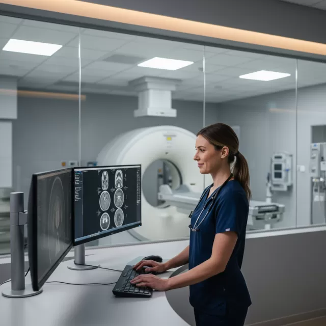 Radiology technologist reviewing CT scan images at control console in modern imaging department