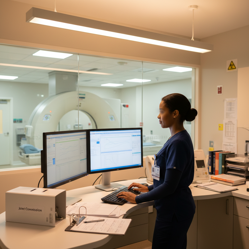 Radiology technologist reviewing compliance protocols at CT scanner console in hospital imaging department