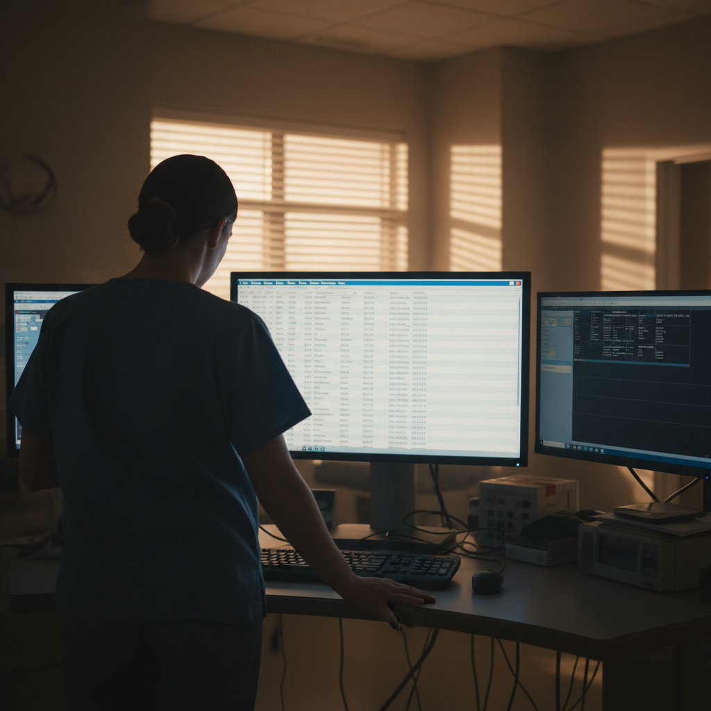 Radiology technologist facing long worklist on computer monitor in dimly lit control room