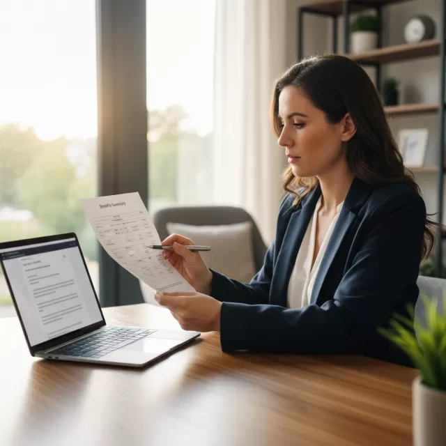 Healthcare professional reviewing benefits summary document at desk with laptop