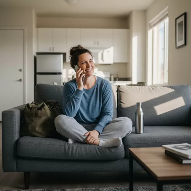 Travel nurse talking on phone in furnished apartment after shift