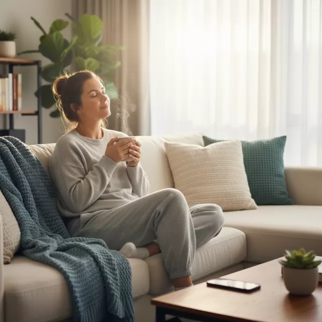 Nurse relaxing at home with warm beverage after weekend shifts, peaceful Monday morning recovery scene