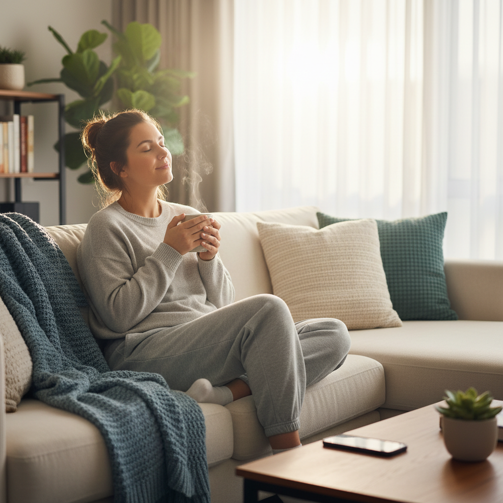 Nurse relaxing at home with warm beverage after weekend shifts, peaceful Monday morning recovery scene